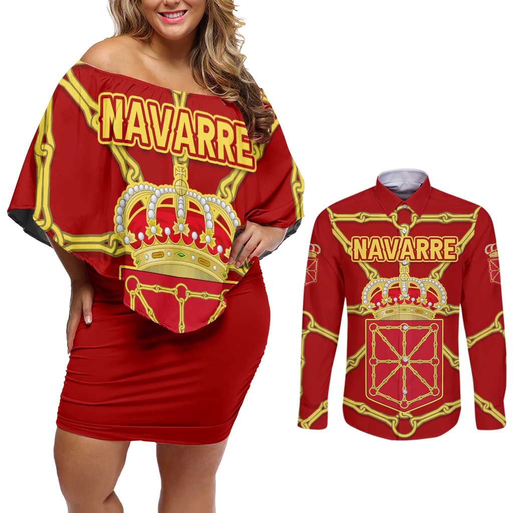 Navarre Flag Couples Matching Off Shoulder Short Dress and Long Sleeve Button Shirt Autonomous Community of Spain - Wonder Print Shop