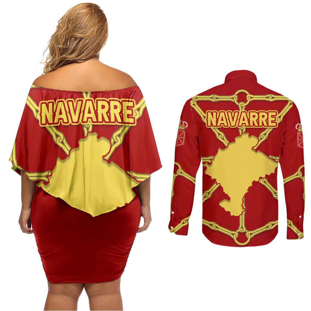 Navarre Flag Couples Matching Off Shoulder Short Dress and Long Sleeve Button Shirt Autonomous Community of Spain - Wonder Print Shop