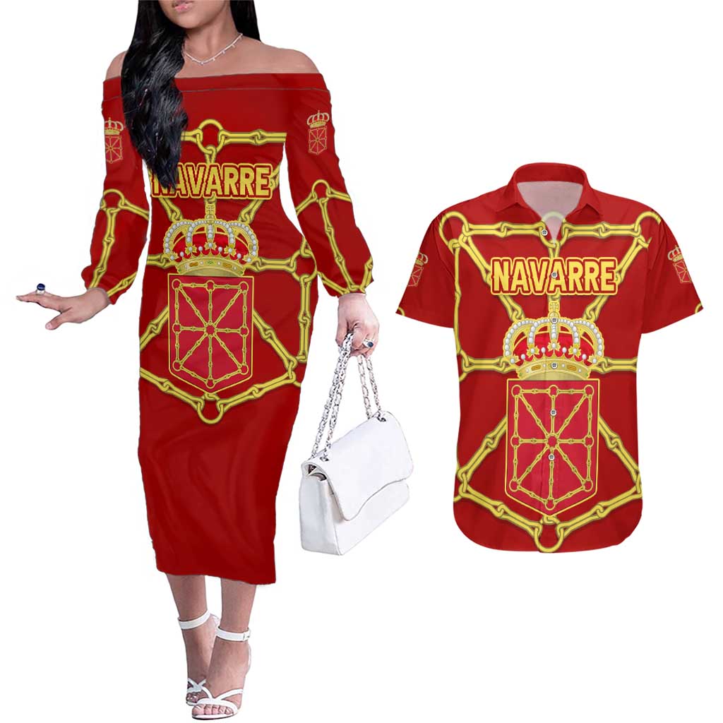 Navarre Flag Couples Matching Off The Shoulder Long Sleeve Dress and Hawaiian Shirt Autonomous Community of Spain - Wonder Print Shop