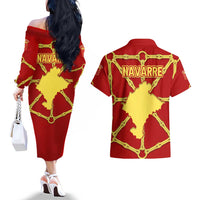 Navarre Flag Couples Matching Off The Shoulder Long Sleeve Dress and Hawaiian Shirt Autonomous Community of Spain - Wonder Print Shop