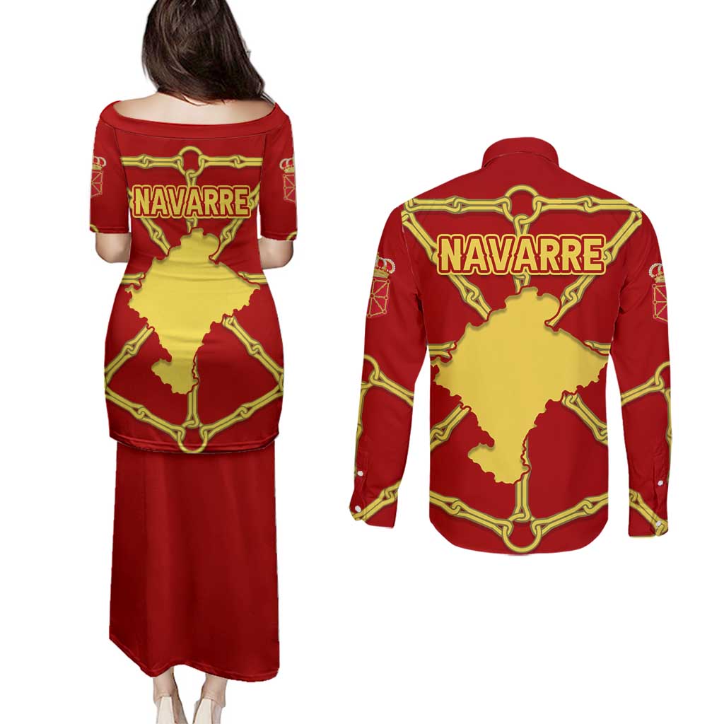 Navarre Flag Couples Matching Puletasi and Long Sleeve Button Shirt Autonomous Community of Spain - Wonder Print Shop