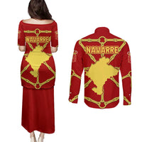 Navarre Flag Couples Matching Puletasi and Long Sleeve Button Shirt Autonomous Community of Spain - Wonder Print Shop