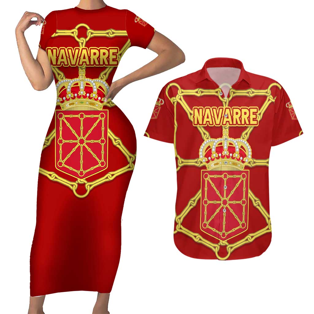 Navarre Flag Couples Matching Short Sleeve Bodycon Dress and Hawaiian Shirt Autonomous Community of Spain - Wonder Print Shop
