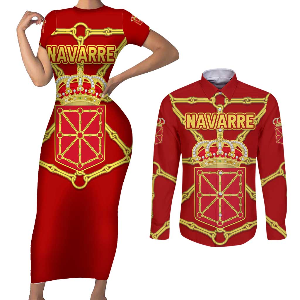 Navarre Flag Couples Matching Short Sleeve Bodycon Dress and Long Sleeve Button Shirt Autonomous Community of Spain - Wonder Print Shop