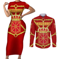 Navarre Flag Couples Matching Short Sleeve Bodycon Dress and Long Sleeve Button Shirt Autonomous Community of Spain - Wonder Print Shop