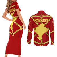Navarre Flag Couples Matching Short Sleeve Bodycon Dress and Long Sleeve Button Shirt Autonomous Community of Spain - Wonder Print Shop