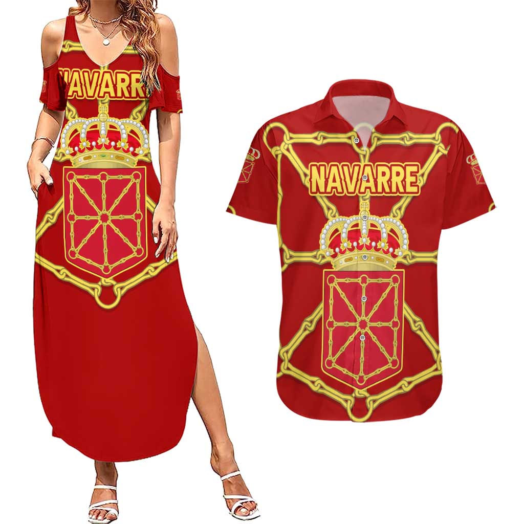 Navarre Flag Couples Matching Summer Maxi Dress and Hawaiian Shirt Autonomous Community of Spain - Wonder Print Shop