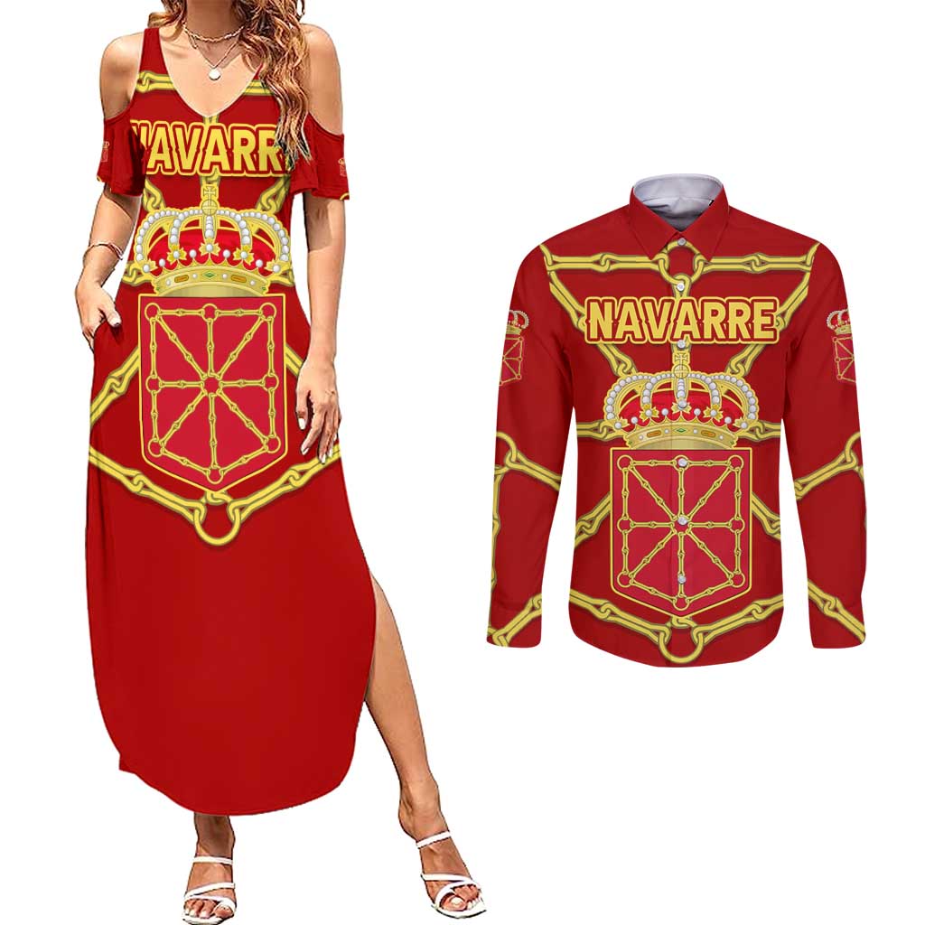 Navarre Flag Couples Matching Summer Maxi Dress and Long Sleeve Button Shirt Autonomous Community of Spain - Wonder Print Shop