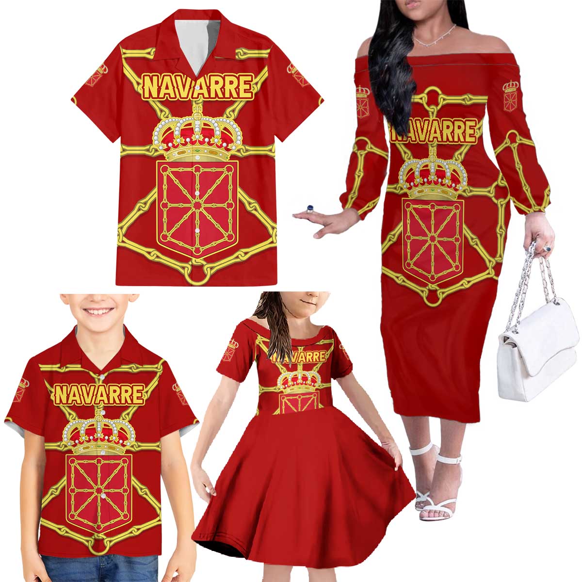 Navarre Flag Family Matching Off The Shoulder Long Sleeve Dress and Hawaiian Shirt Autonomous Community of Spain - Wonder Print Shop