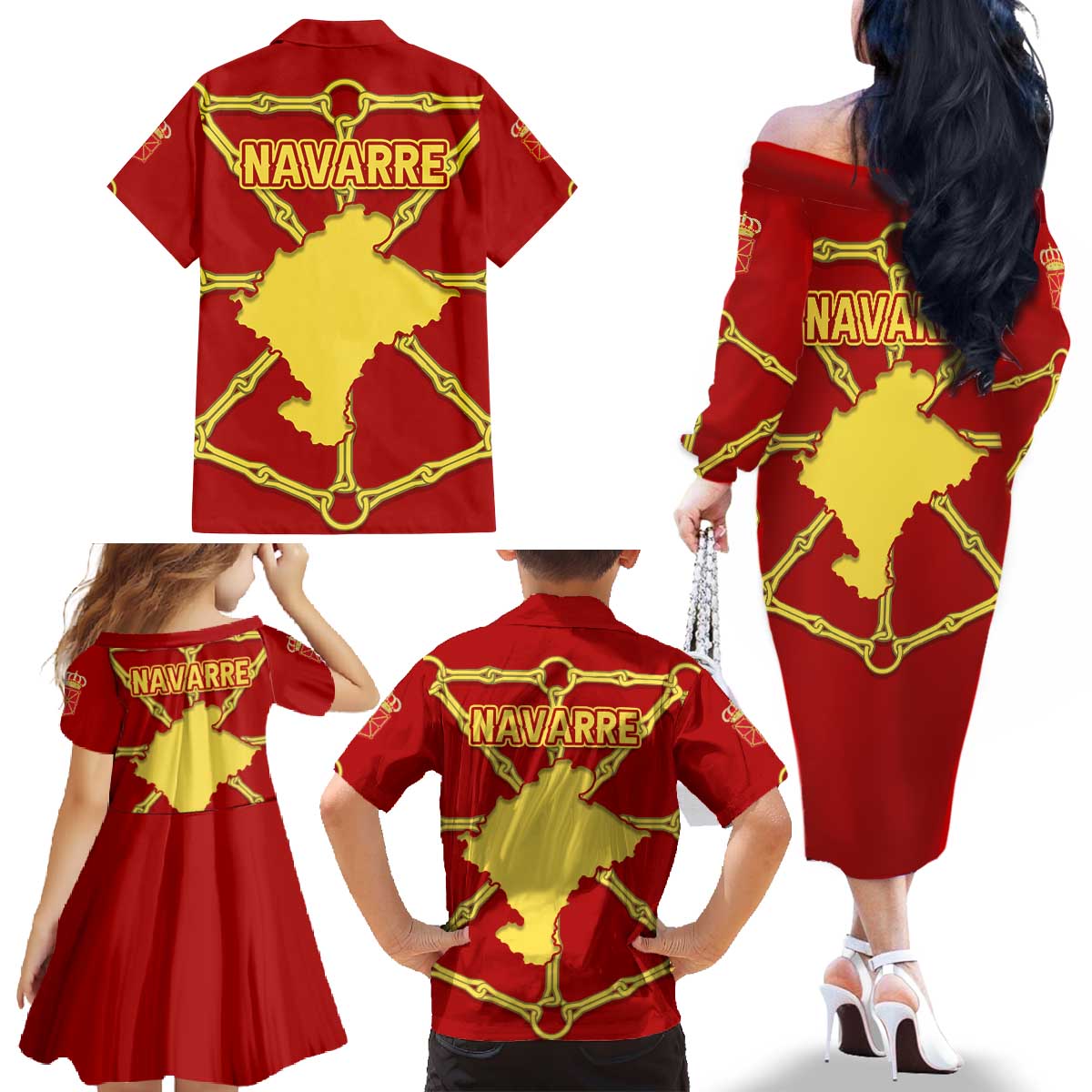 Navarre Flag Family Matching Off The Shoulder Long Sleeve Dress and Hawaiian Shirt Autonomous Community of Spain - Wonder Print Shop