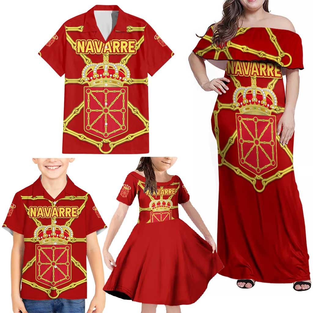 Navarre Flag Family Matching Off Shoulder Maxi Dress and Hawaiian Shirt Autonomous Community of Spain - Wonder Print Shop