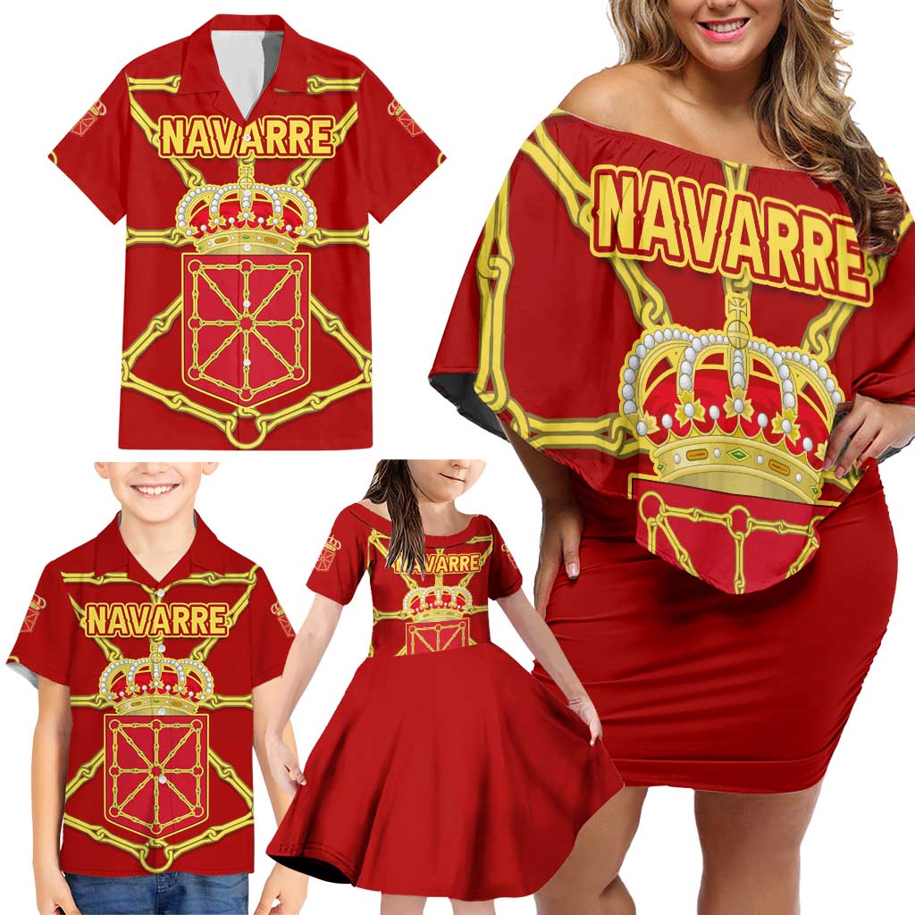 Navarre Flag Family Matching Off Shoulder Short Dress and Hawaiian Shirt Autonomous Community of Spain - Wonder Print Shop