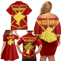 Navarre Flag Family Matching Off Shoulder Short Dress and Hawaiian Shirt Autonomous Community of Spain - Wonder Print Shop