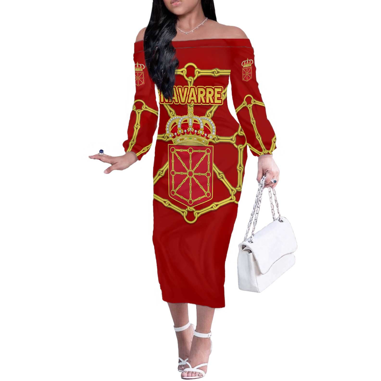 Navarre Flag Off The Shoulder Long Sleeve Dress Autonomous Community of Spain - Wonder Print Shop