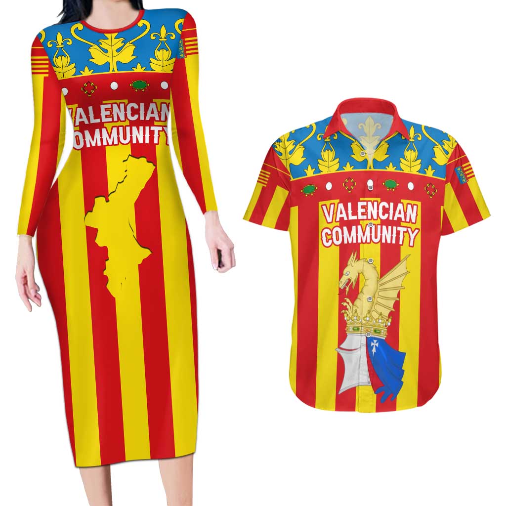 Valencian Community Flag Couples Matching Long Sleeve Bodycon Dress and Hawaiian Shirt Autonomous Community of Spain - Wonder Print Shop