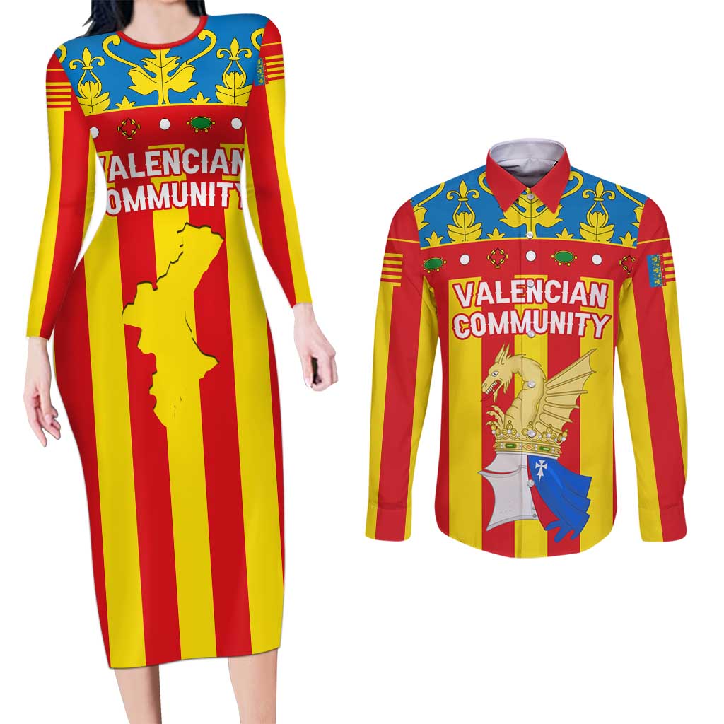 Valencian Community Flag Couples Matching Long Sleeve Bodycon Dress and Long Sleeve Button Shirt Autonomous Community of Spain - Wonder Print Shop