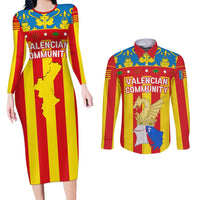 Valencian Community Flag Couples Matching Long Sleeve Bodycon Dress and Long Sleeve Button Shirt Autonomous Community of Spain - Wonder Print Shop