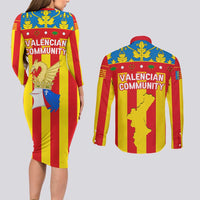 Valencian Community Flag Couples Matching Long Sleeve Bodycon Dress and Long Sleeve Button Shirt Autonomous Community of Spain - Wonder Print Shop