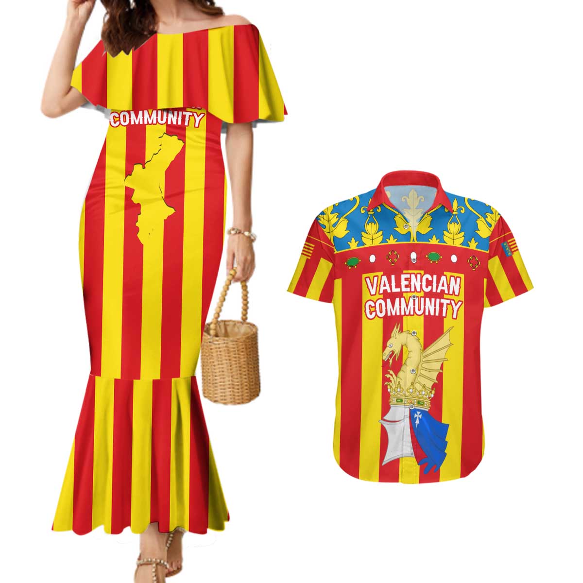 Valencian Community Flag Couples Matching Mermaid Dress and Hawaiian Shirt Autonomous Community of Spain - Wonder Print Shop