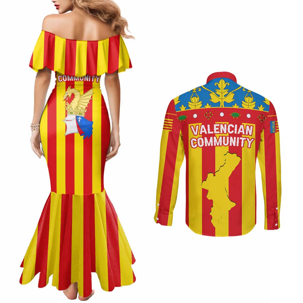 Valencian Community Flag Couples Matching Mermaid Dress and Long Sleeve Button Shirt Autonomous Community of Spain - Wonder Print Shop