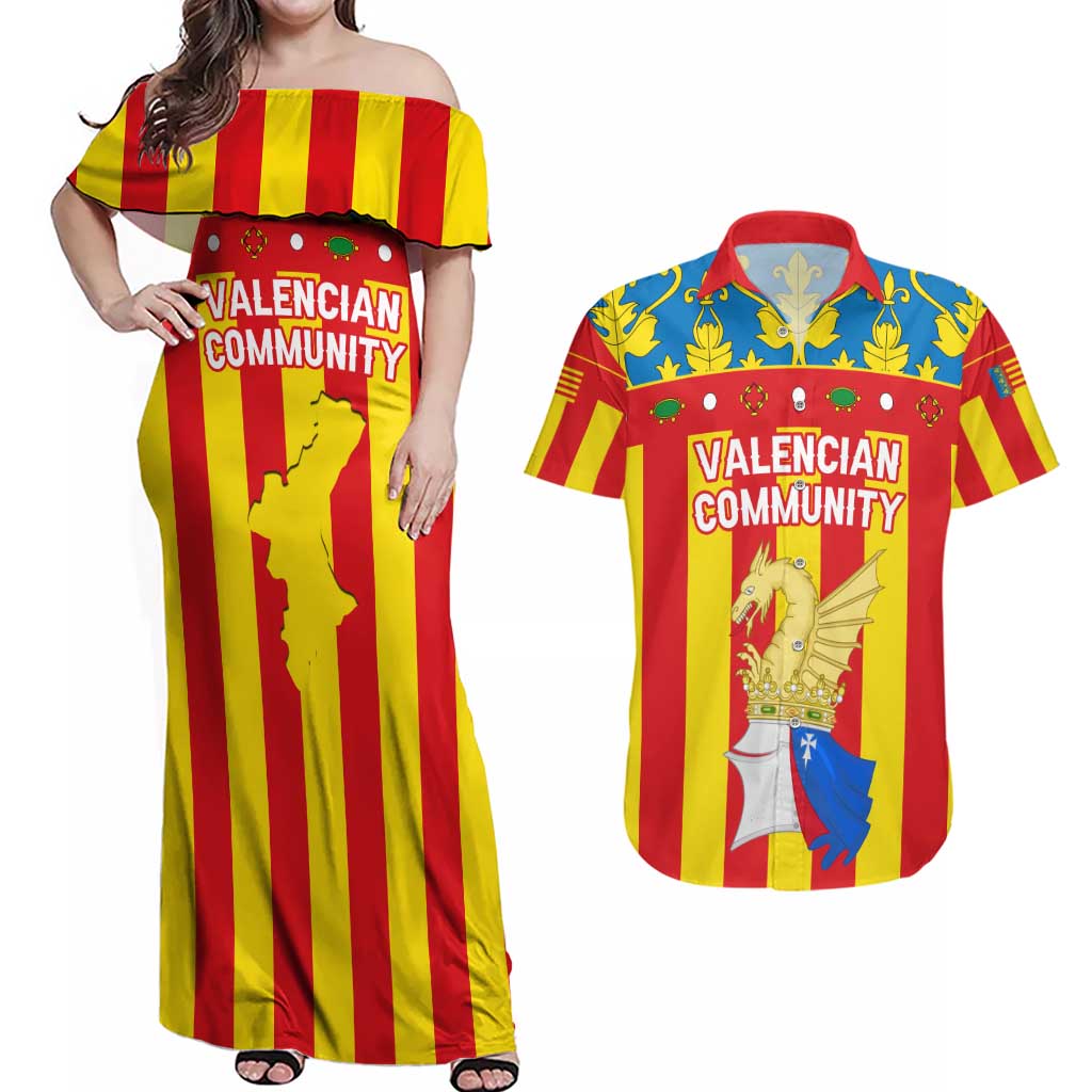 Valencian Community Flag Couples Matching Off Shoulder Maxi Dress and Hawaiian Shirt Autonomous Community of Spain - Wonder Print Shop