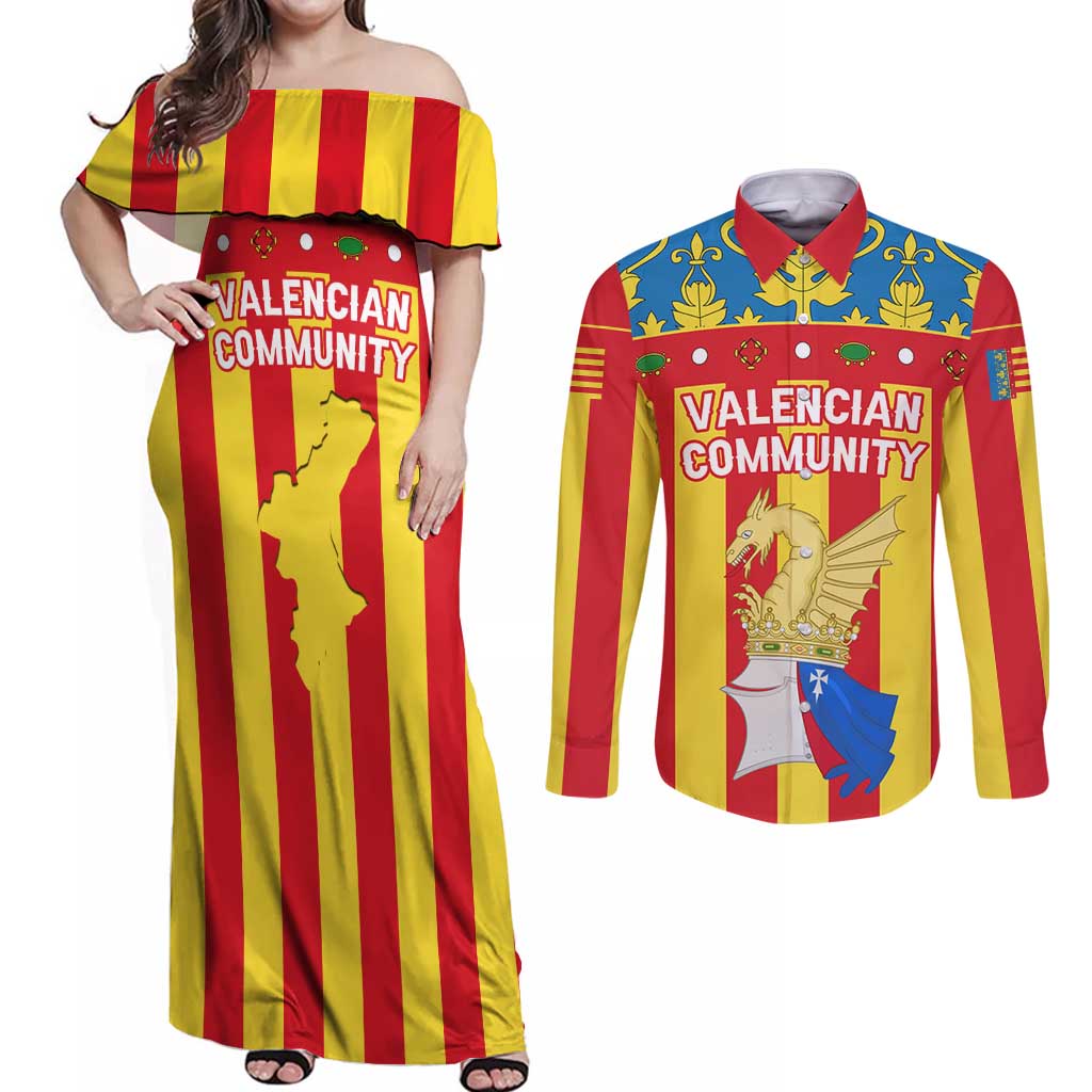 Valencian Community Flag Couples Matching Off Shoulder Maxi Dress and Long Sleeve Button Shirt Autonomous Community of Spain - Wonder Print Shop