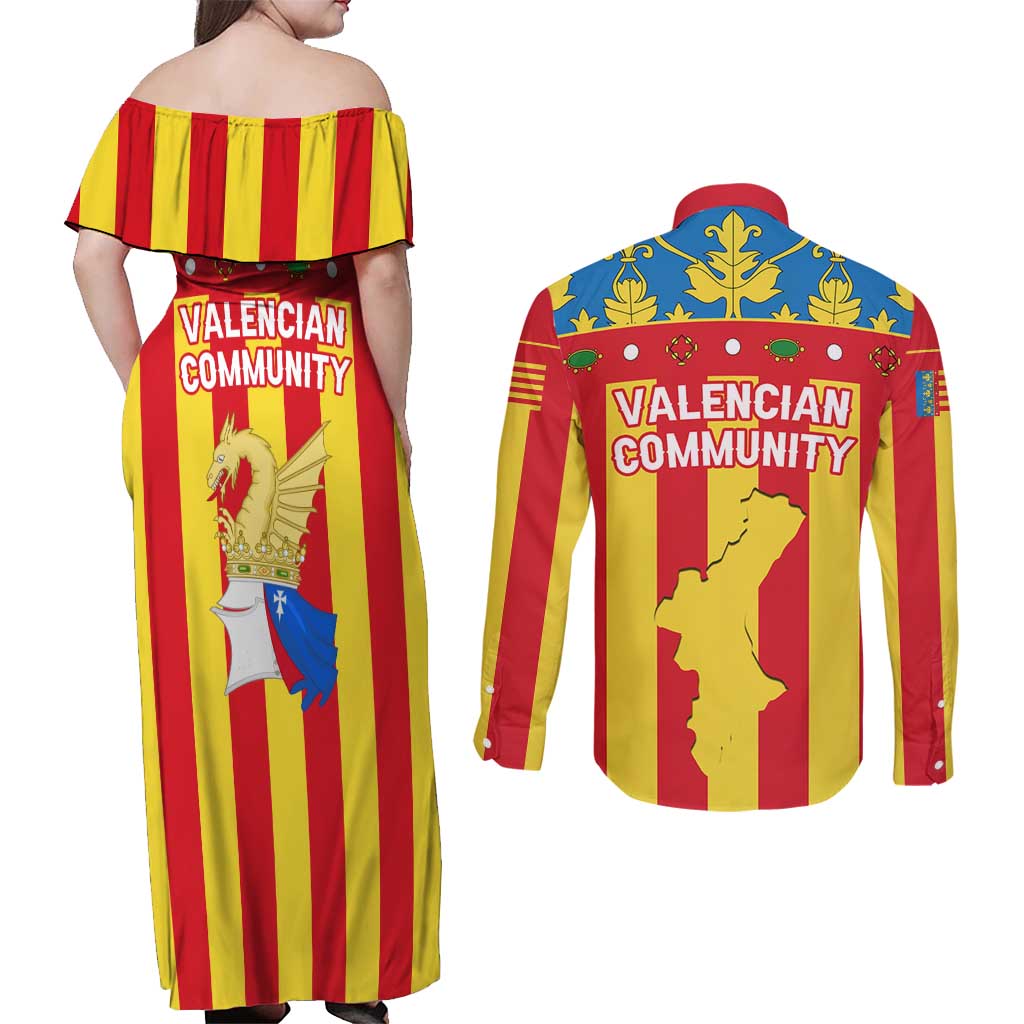 Valencian Community Flag Couples Matching Off Shoulder Maxi Dress and Long Sleeve Button Shirt Autonomous Community of Spain - Wonder Print Shop