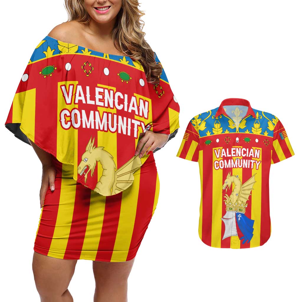 Valencian Community Flag Couples Matching Off Shoulder Short Dress and Hawaiian Shirt Autonomous Community of Spain - Wonder Print Shop
