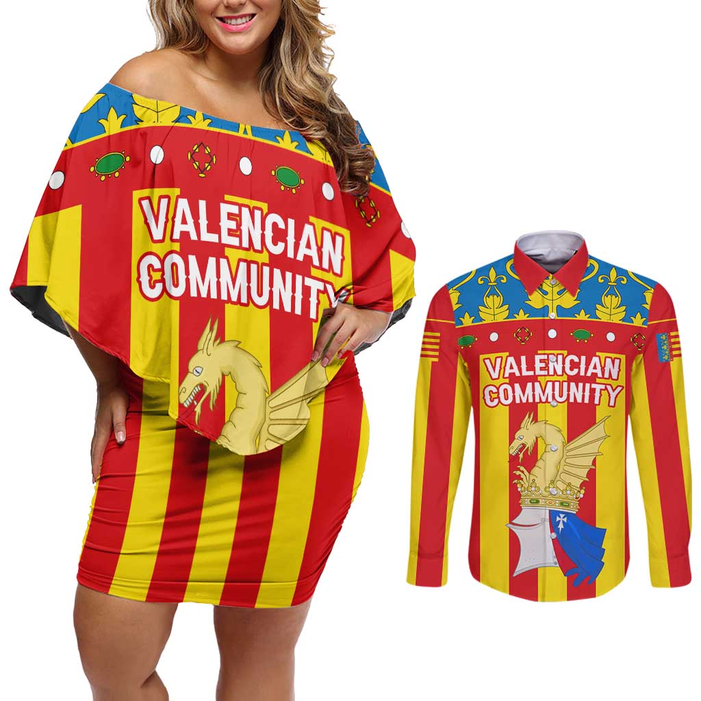 Valencian Community Flag Couples Matching Off Shoulder Short Dress and Long Sleeve Button Shirt Autonomous Community of Spain - Wonder Print Shop