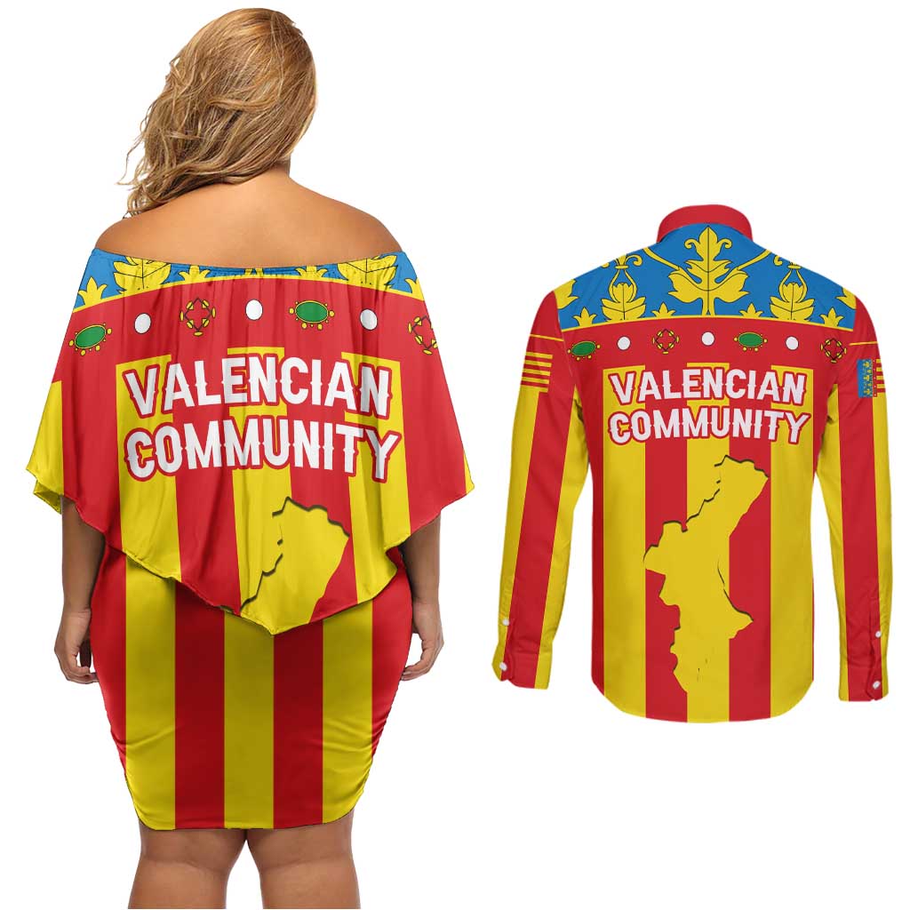 Valencian Community Flag Couples Matching Off Shoulder Short Dress and Long Sleeve Button Shirt Autonomous Community of Spain - Wonder Print Shop