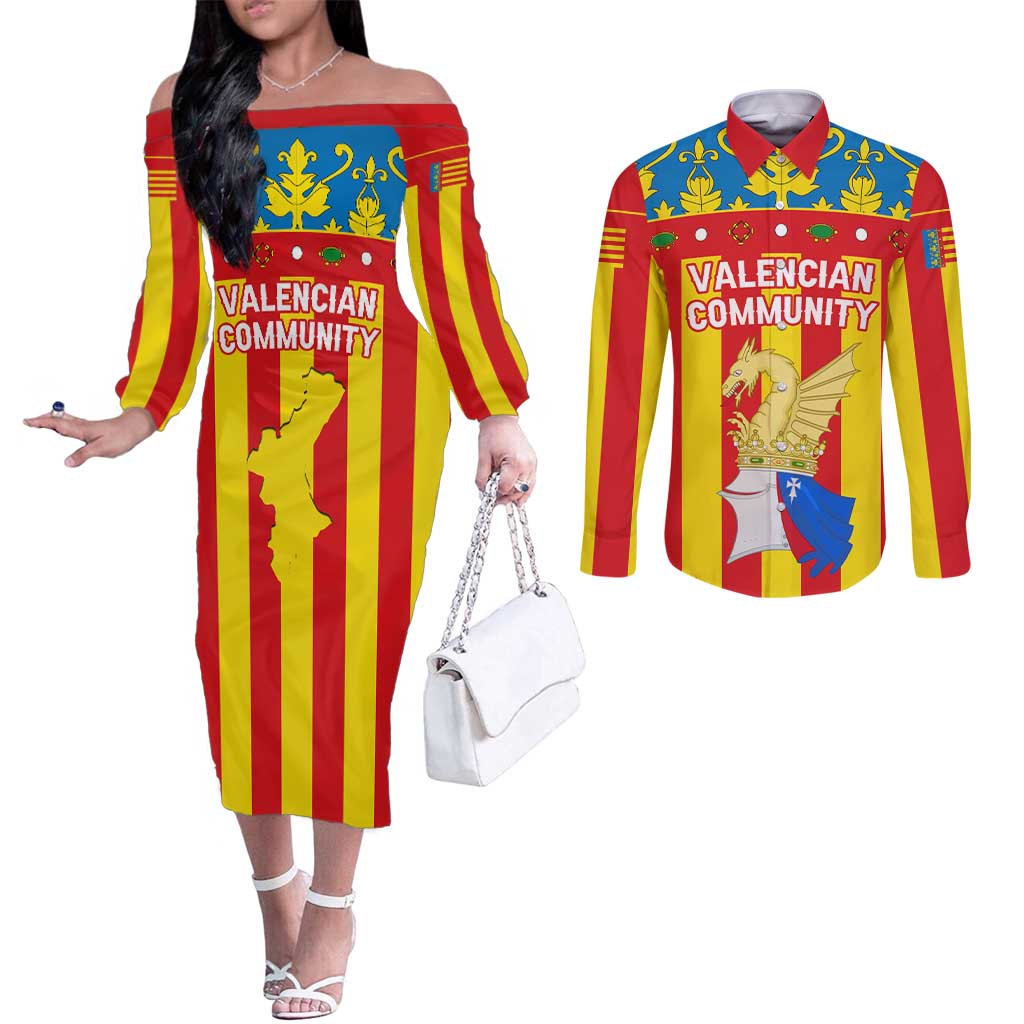 Valencian Community Flag Couples Matching Off The Shoulder Long Sleeve Dress and Long Sleeve Button Shirt Autonomous Community of Spain - Wonder Print Shop