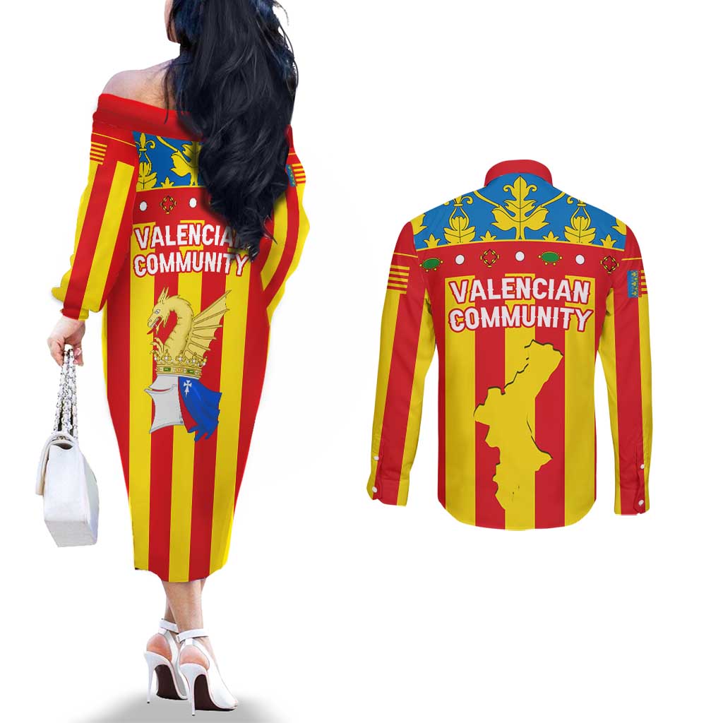 Valencian Community Flag Couples Matching Off The Shoulder Long Sleeve Dress and Long Sleeve Button Shirt Autonomous Community of Spain - Wonder Print Shop