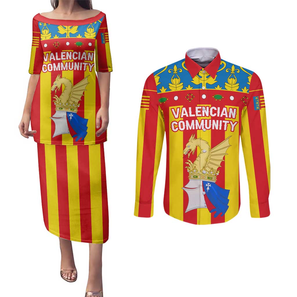 Valencian Community Flag Couples Matching Puletasi and Long Sleeve Button Shirt Autonomous Community of Spain - Wonder Print Shop