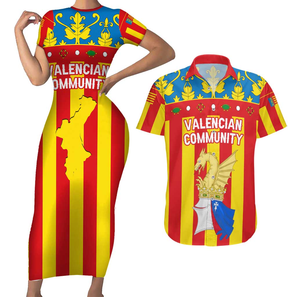 Valencian Community Flag Couples Matching Short Sleeve Bodycon Dress and Hawaiian Shirt Autonomous Community of Spain - Wonder Print Shop
