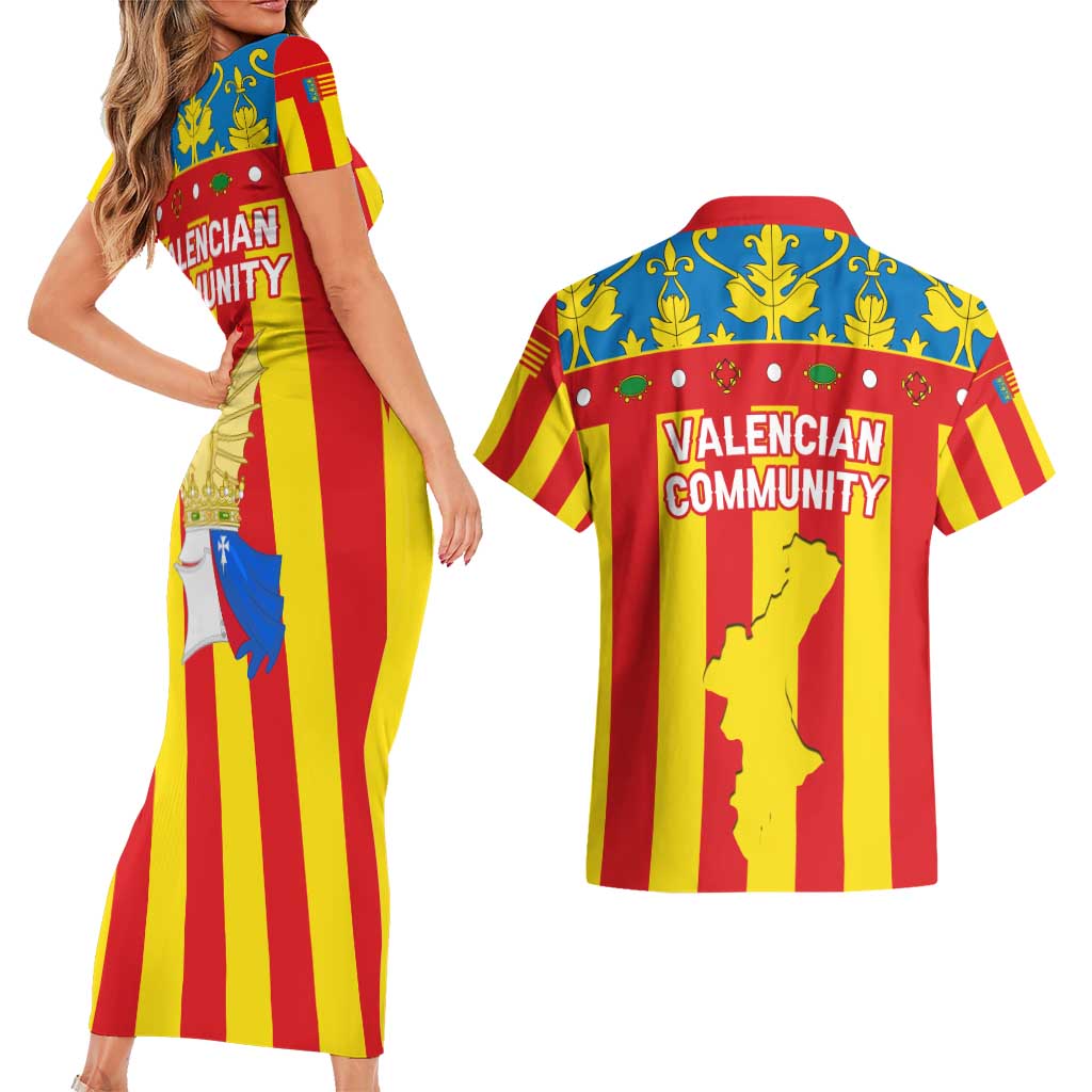 Valencian Community Flag Couples Matching Short Sleeve Bodycon Dress and Hawaiian Shirt Autonomous Community of Spain - Wonder Print Shop