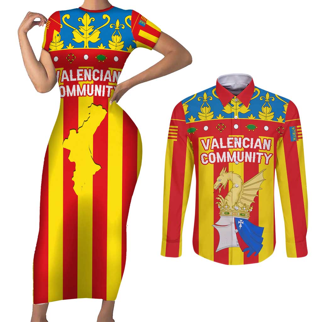 Valencian Community Flag Couples Matching Short Sleeve Bodycon Dress and Long Sleeve Button Shirt Autonomous Community of Spain - Wonder Print Shop