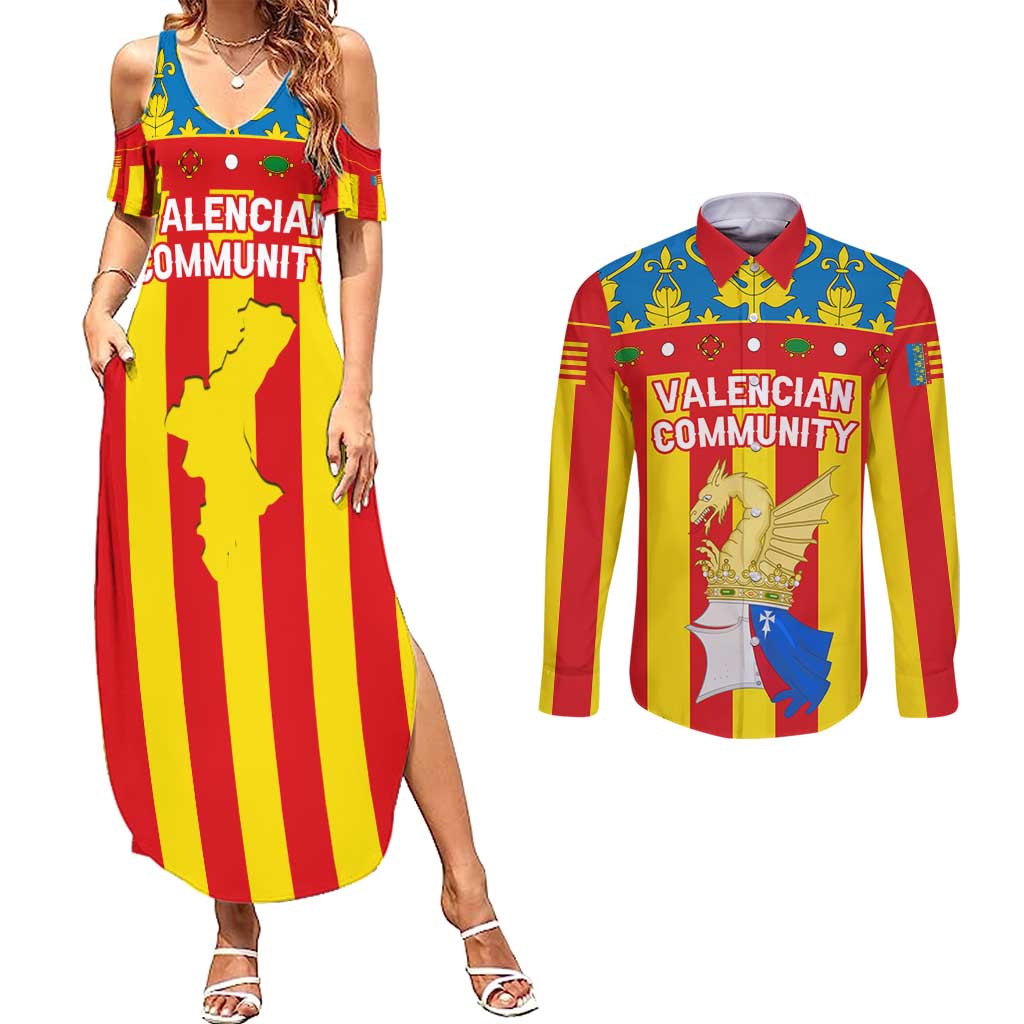 Valencian Community Flag Couples Matching Summer Maxi Dress and Long Sleeve Button Shirt Autonomous Community of Spain - Wonder Print Shop