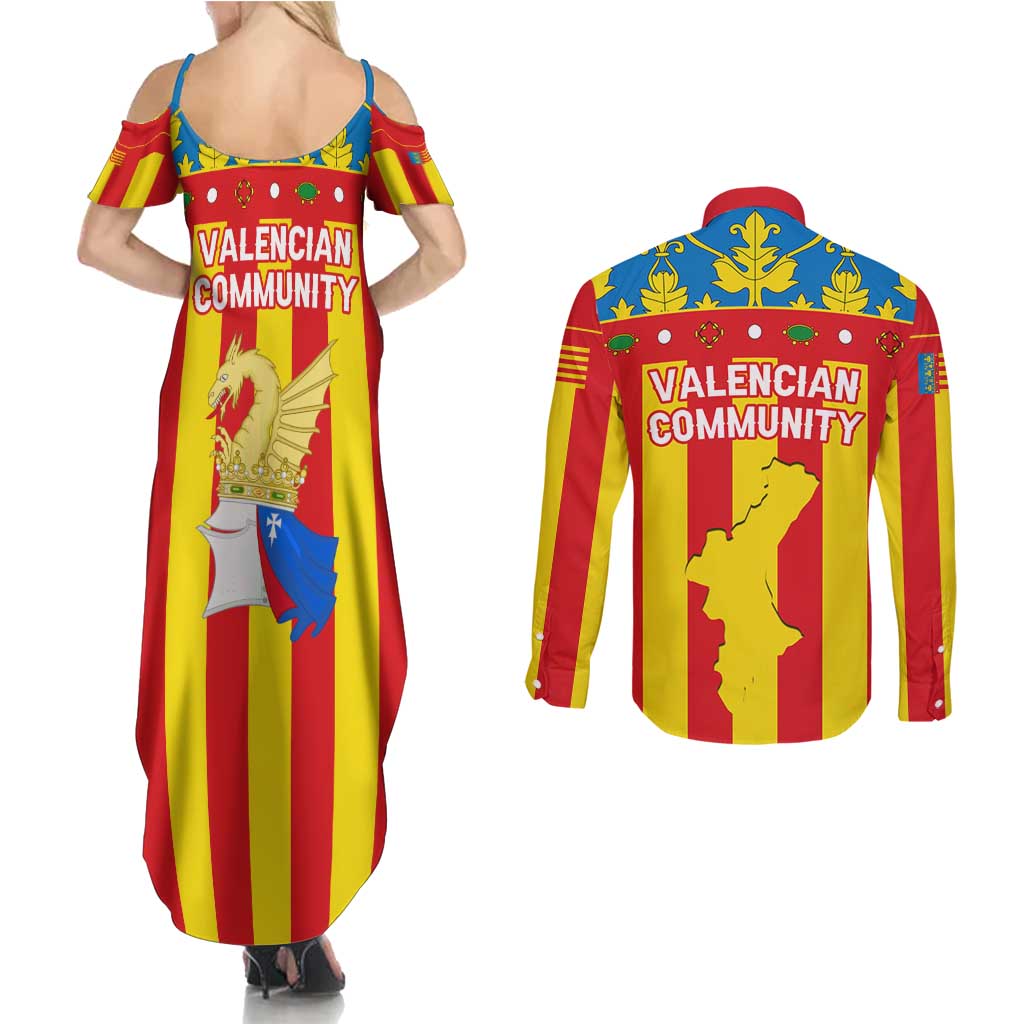 Valencian Community Flag Couples Matching Summer Maxi Dress and Long Sleeve Button Shirt Autonomous Community of Spain - Wonder Print Shop