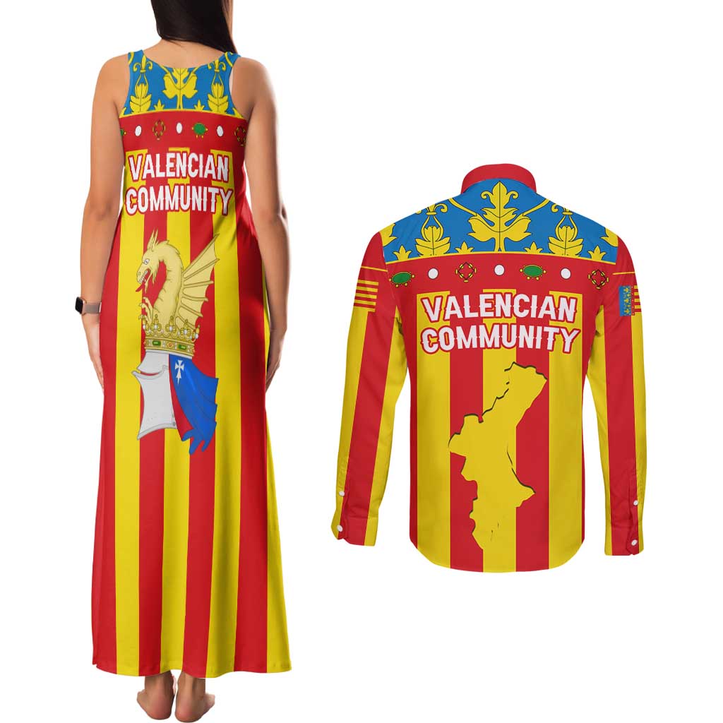Valencian Community Flag Couples Matching Tank Maxi Dress and Long Sleeve Button Shirt Autonomous Community of Spain - Wonder Print Shop