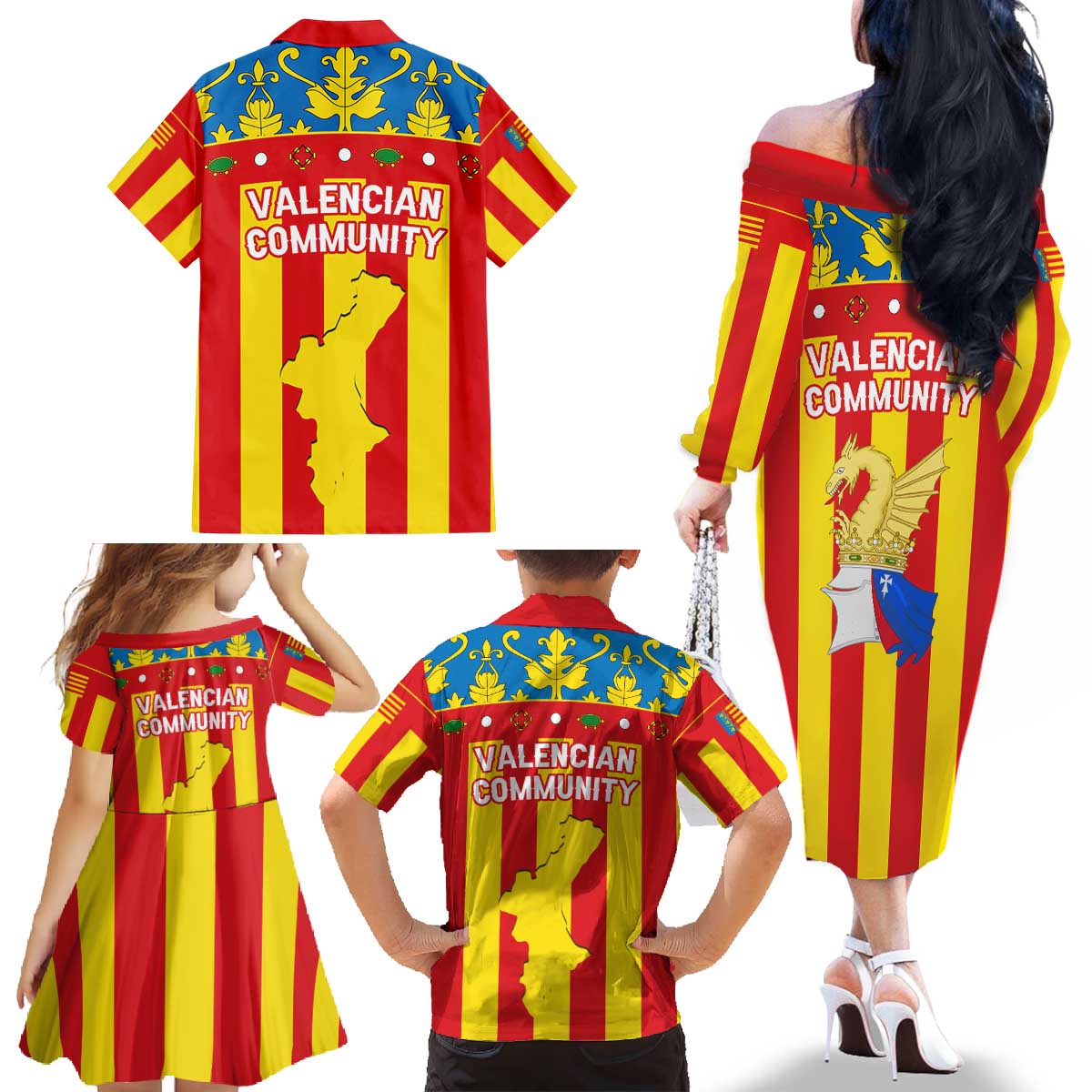 Valencian Community Flag Family Matching Off The Shoulder Long Sleeve Dress and Hawaiian Shirt Autonomous Community of Spain - Wonder Print Shop