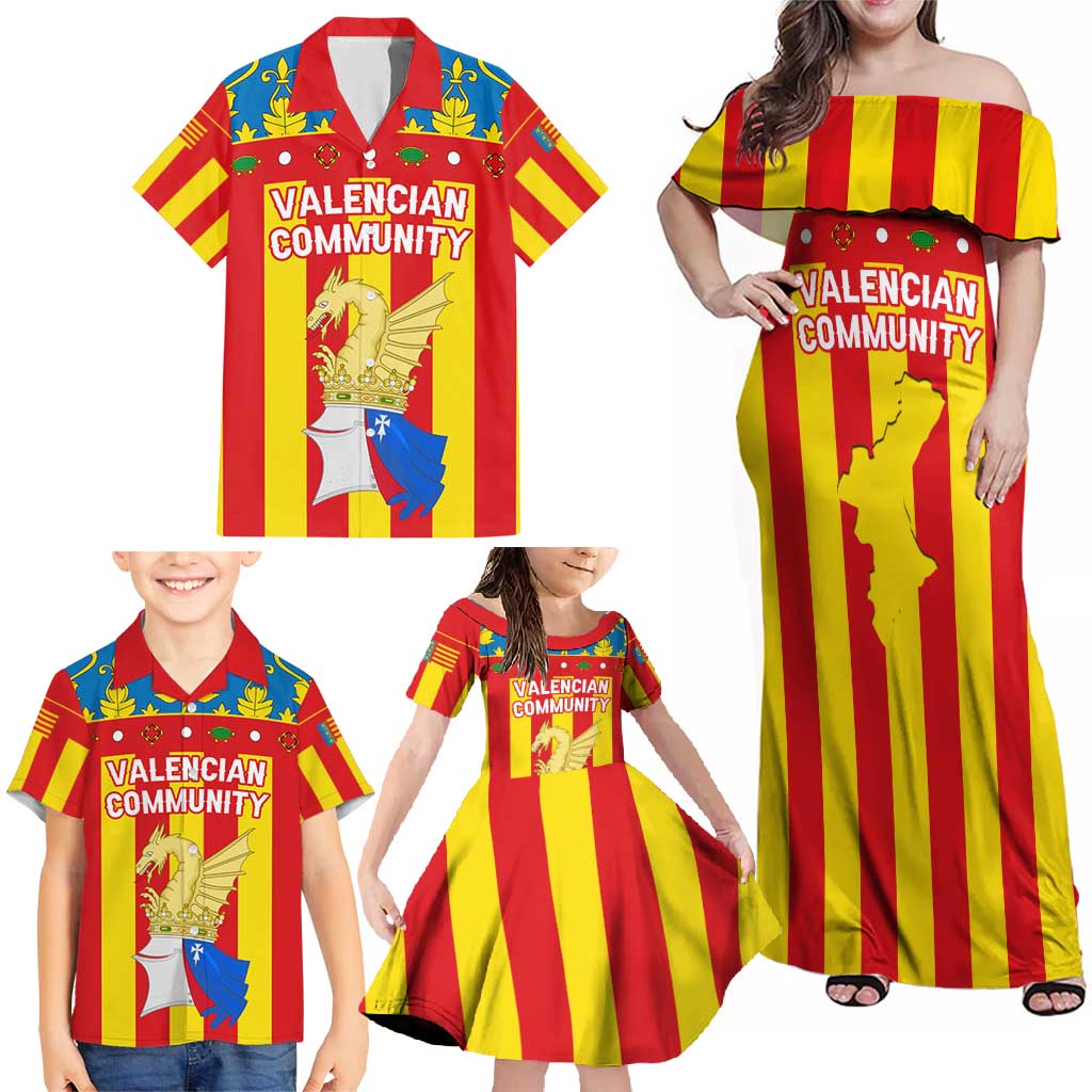 Valencian Community Flag Family Matching Off Shoulder Maxi Dress and Hawaiian Shirt Autonomous Community of Spain - Wonder Print Shop