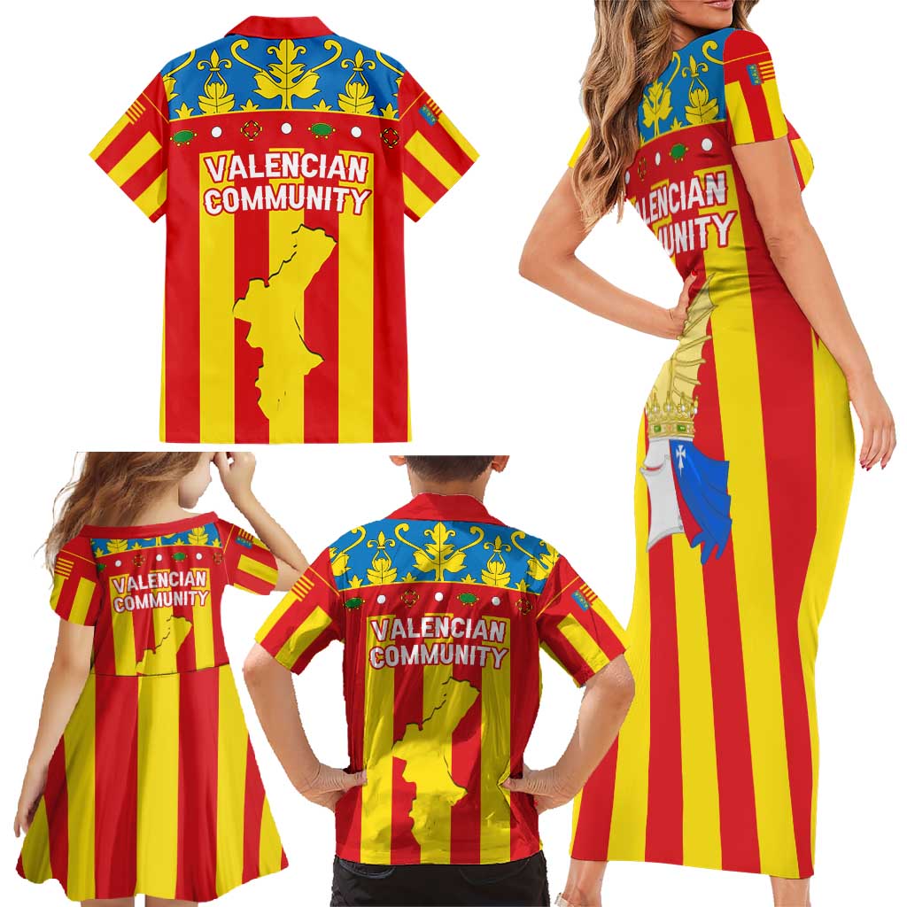 Valencian Community Flag Family Matching Short Sleeve Bodycon Dress and Hawaiian Shirt Autonomous Community of Spain - Wonder Print Shop