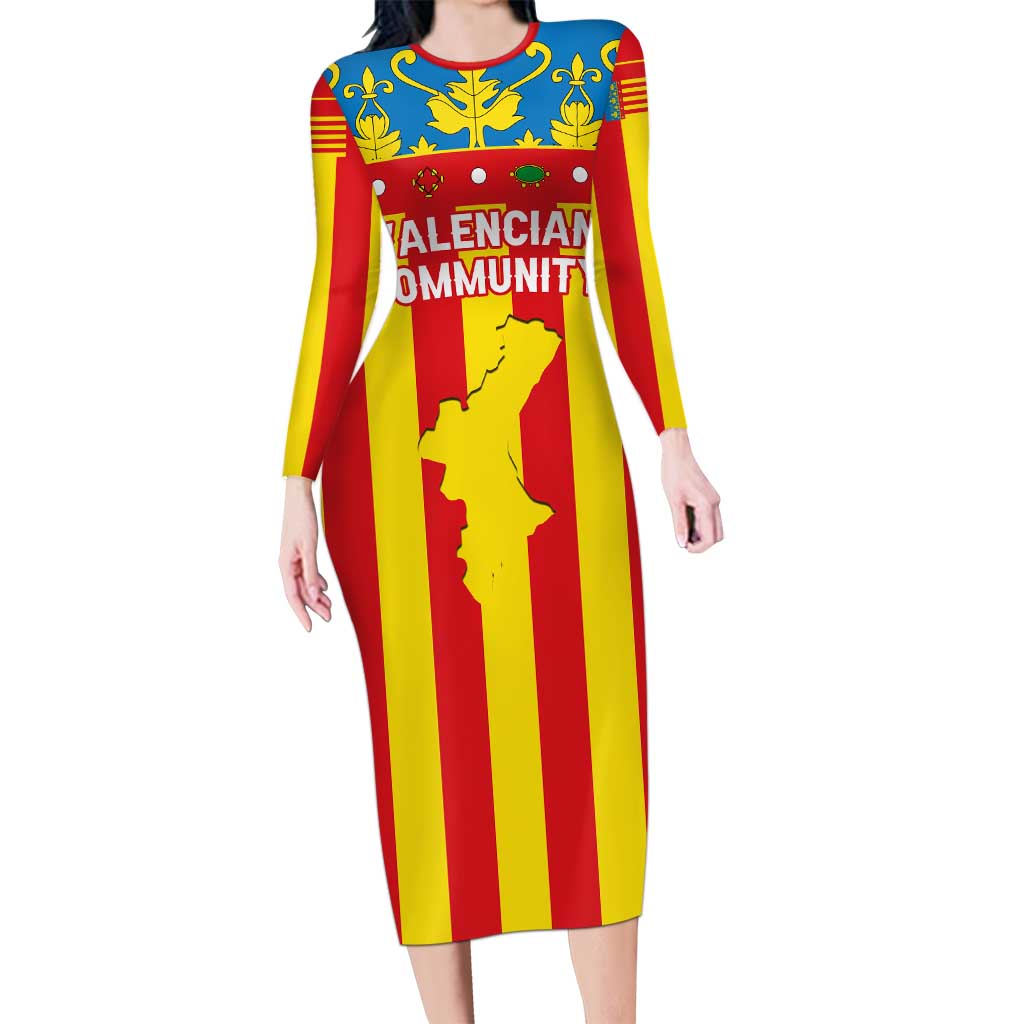 Valencian Community Flag Long Sleeve Bodycon Dress Autonomous Community of Spain - Wonder Print Shop