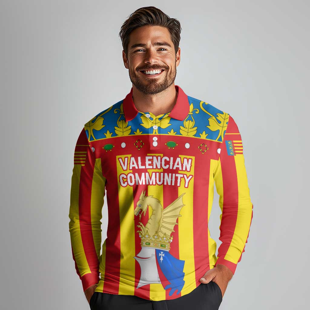 Valencian Community Flag Long Sleeve Polo Shirt Autonomous Community of Spain - Wonder Print Shop