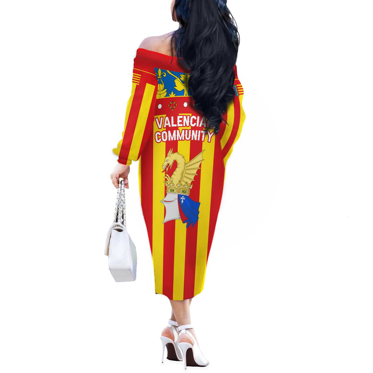 Valencian Community Flag Off The Shoulder Long Sleeve Dress Autonomous Community of Spain - Wonder Print Shop