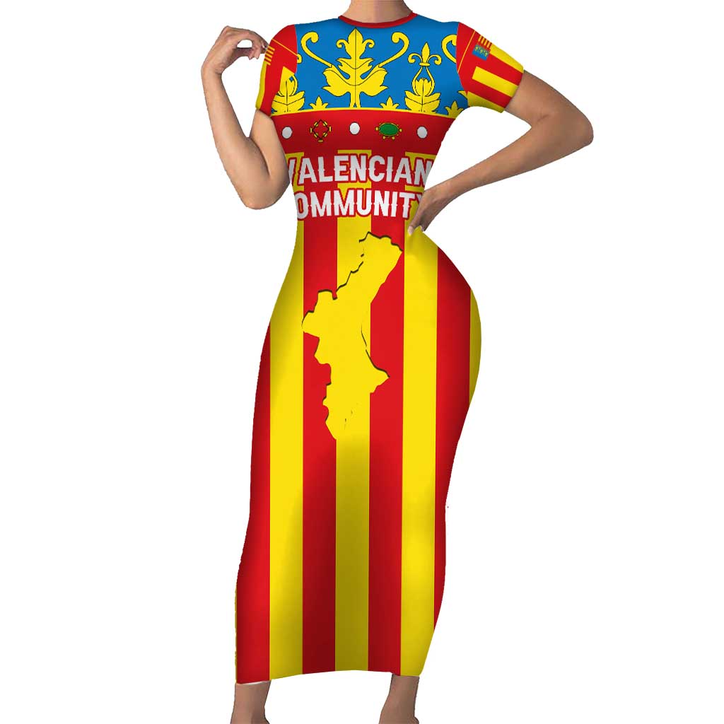 Valencian Community Flag Short Sleeve Bodycon Dress Autonomous Community of Spain - Wonder Print Shop