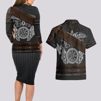 Viking Armor Couples Matching Long Sleeve Bodycon Dress and Hawaiian Shirt Vegvisir With Silver Chain Link - Wonder Print Shop