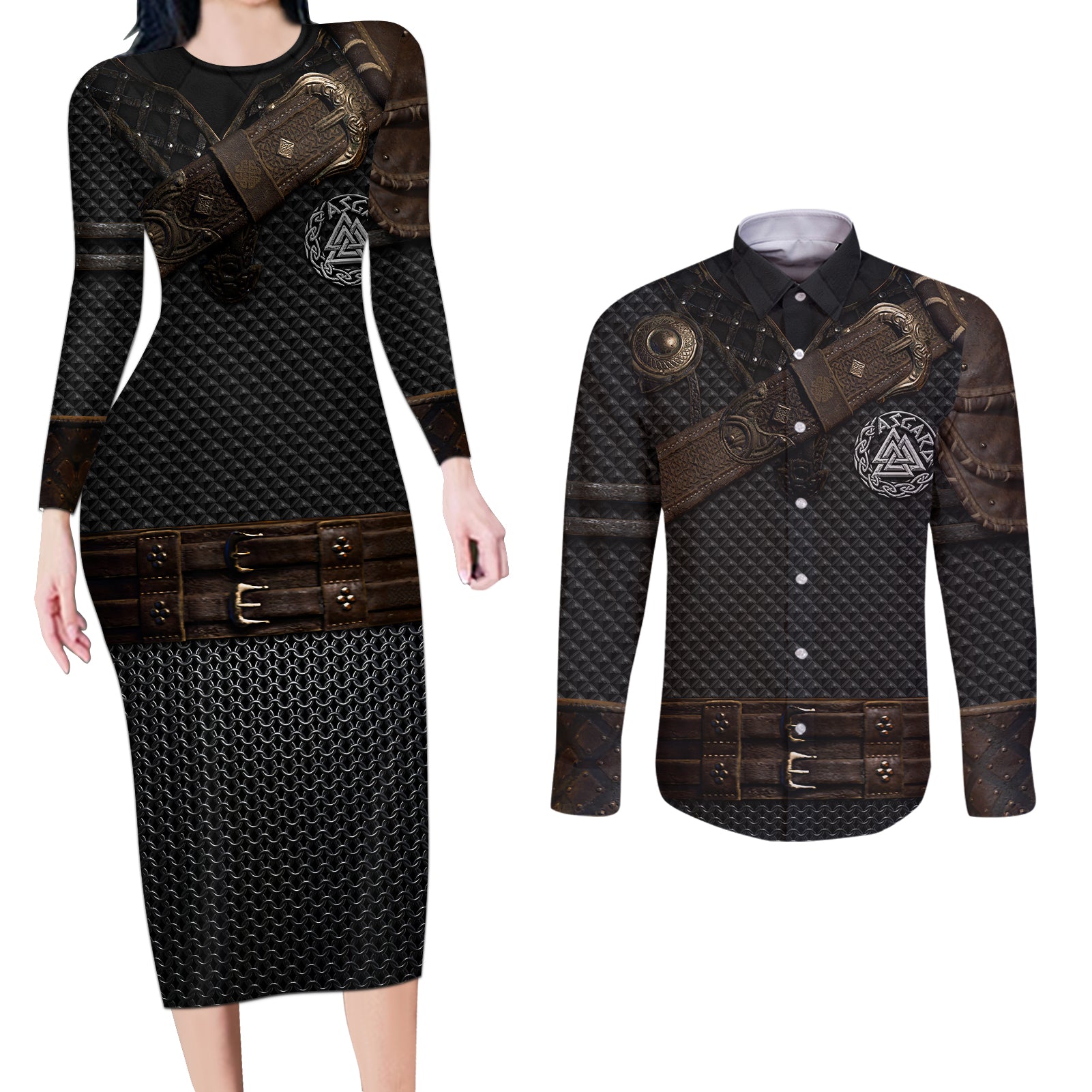 Viking Armor Couples Matching Long Sleeve Bodycon Dress and Long Sleeve Button Shirts Vegvisir With Silver Chain Link - Wonder Print Shop
