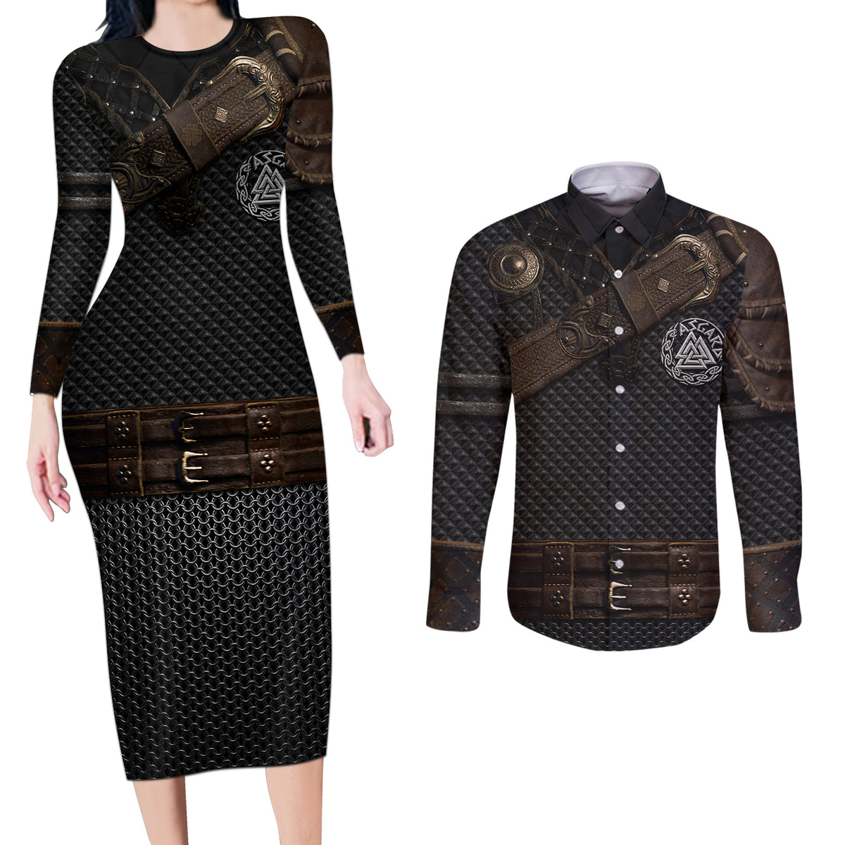 Viking Armor Couples Matching Long Sleeve Bodycon Dress and Long Sleeve Button Shirts Vegvisir With Silver Chain Link - Wonder Print Shop