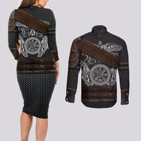 Viking Armor Couples Matching Long Sleeve Bodycon Dress and Long Sleeve Button Shirts Vegvisir With Silver Chain Link - Wonder Print Shop